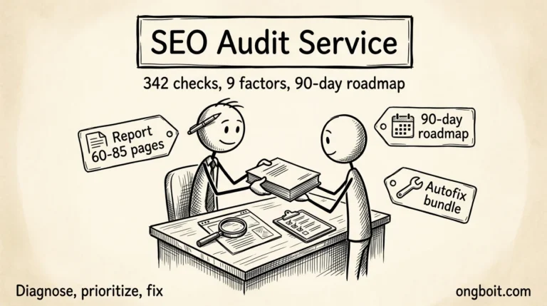 Hero dịch vụ SEO audit website: tư vấn bàn giao report cho khách, 342 check 9 yếu tố, roadmap 90 ngày