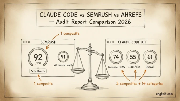 Whiteboard parchment sketch comparing Claude Code vs Semrush vs Ahrefs audit reports for ongboit.com 2026: Semrush 92 Site Health single composite vs Claude Code kit 74 Technical 55 GEO 61 Overall three composites