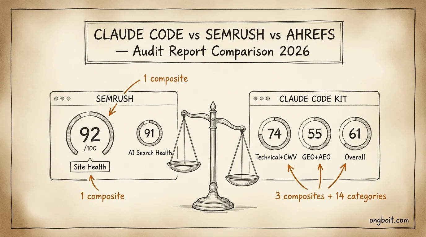 Whiteboard parchment sketch so sánh Claude Code vs Semrush vs Ahrefs audit report cho ongboit.com 2026: Semrush 92 Site Health single composite vs Claude Code kit 74 Technical 55 GEO 61 Overall three composites