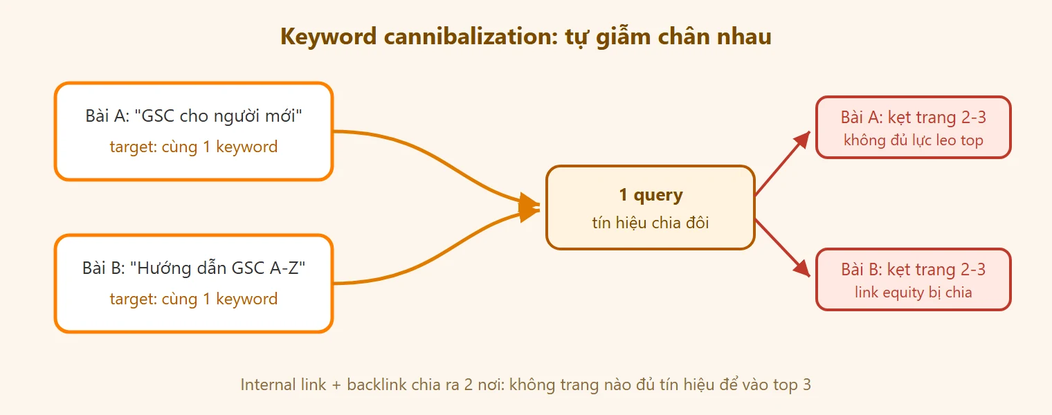 Sơ đồ keyword cannibalization: hai bài cùng target một query, tín hiệu chia đôi, cả hai kẹt trang 2-3