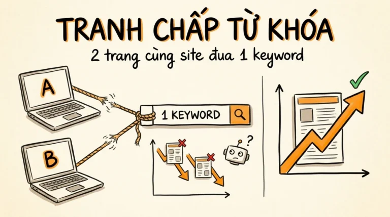 Tranh chấp từ khóa: hai trang cùng site kéo co một keyword, cả hai cùng tụt hạng; một trang mạnh duy nhất đi lên