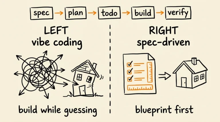 Sketch vibe coding vs spec-driven, 5 bước spec→plan→todo→build→verify